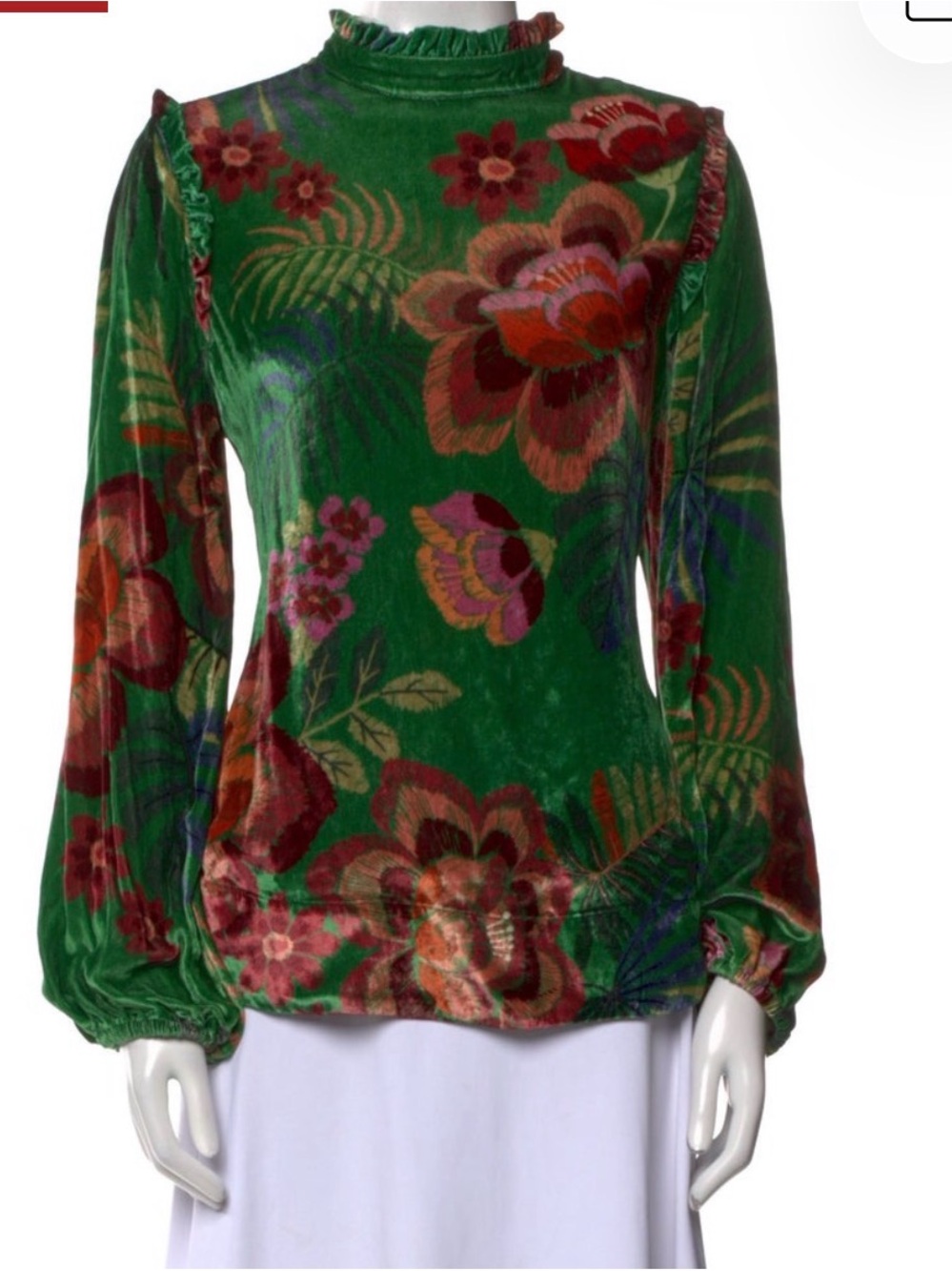 Farm Rio Green Floral Velvet Mock Neck Blouse - Size Medium
